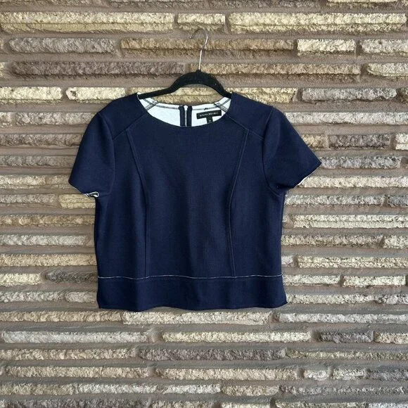 Banana Republic Navy Blue Boxy Cropped Short Cap Sleeve Raw Edge Top - Picture 6 of 6